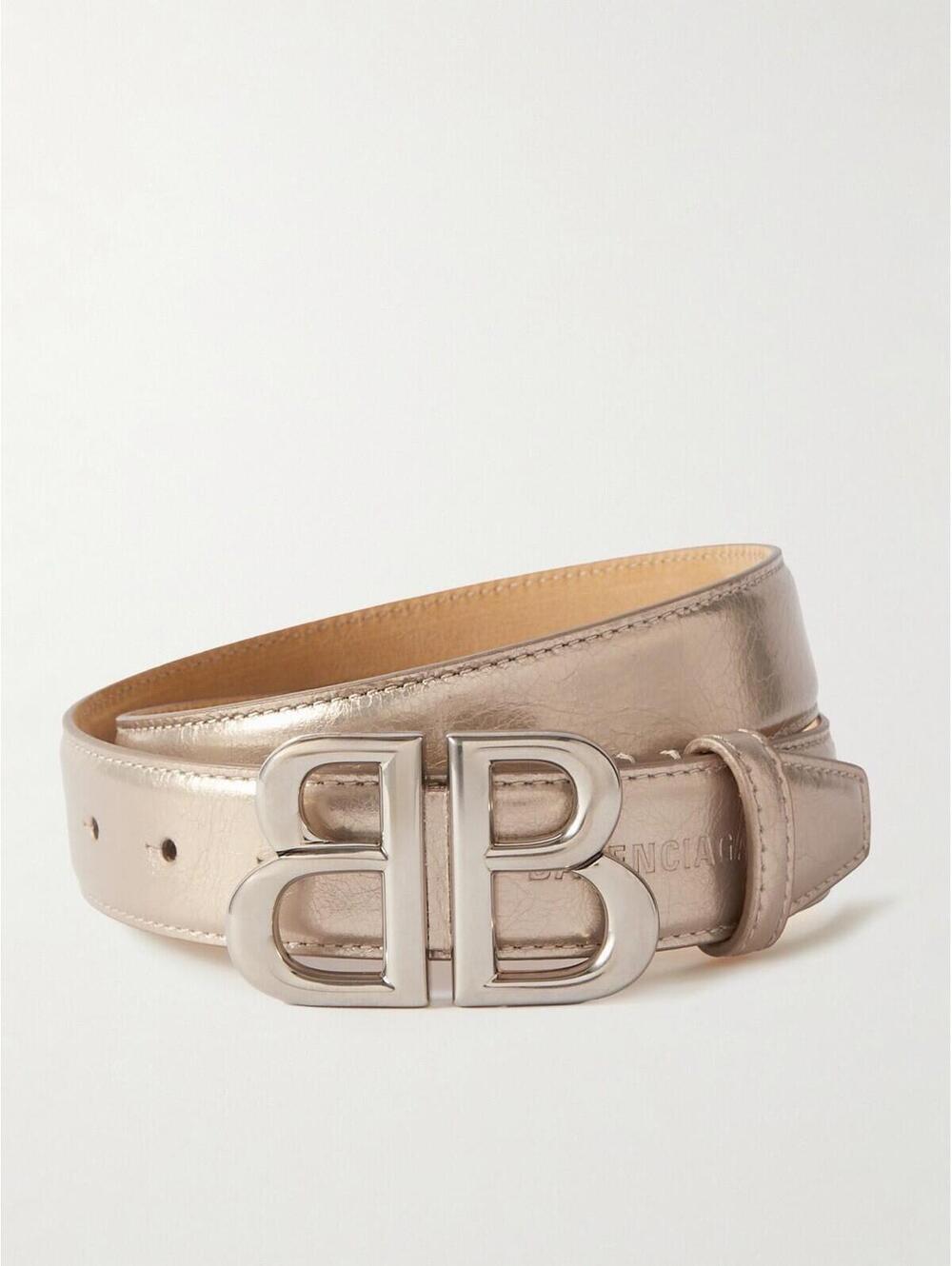 Balenciaga BB Logo Belt Metallic Arena Calfskin Stone Beige 75cm New Tags